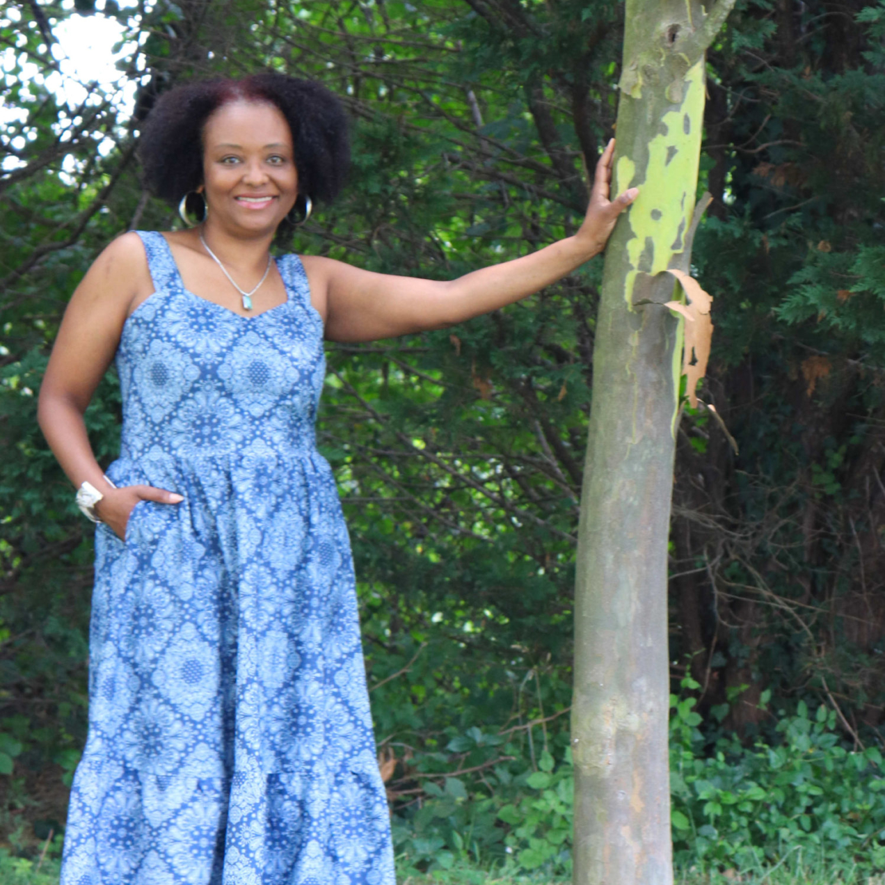 A Flowing Shirred Maxi Dress using the New Tempo Dress Pattern by Love Notions